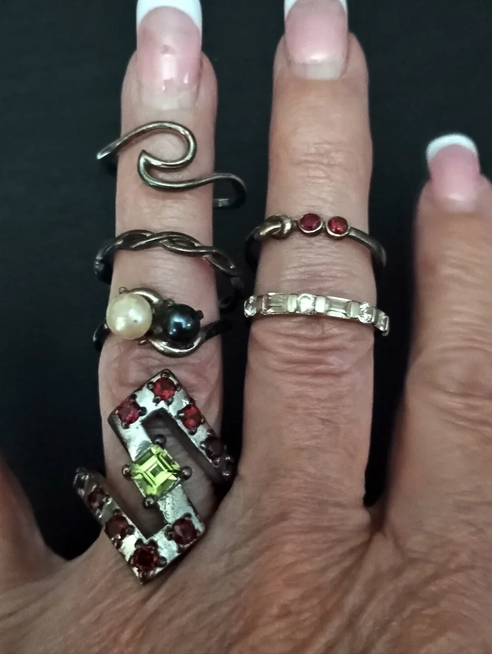 Vintage 925 Stackable Silver Rings with Red and Green Gem Accents -Sizes 5 To 9